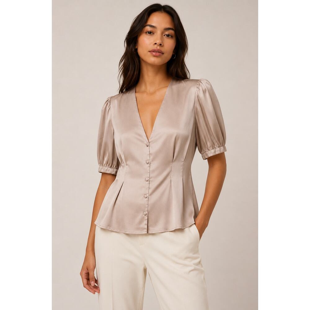 Topshop Satin Puff Sleeve Blouse – Blush Pink V-Neck Button Front Top Size US 8